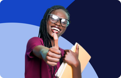 Person giving thumbs up with notebook.